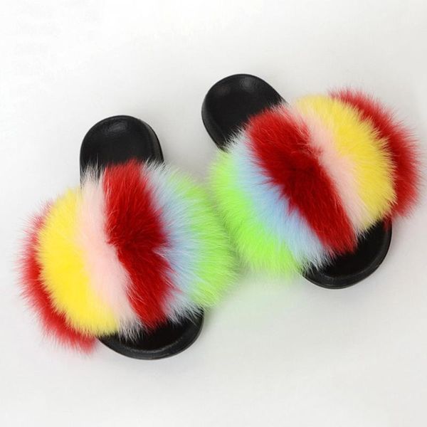 

party fur slippers women real fur slides furry flat sandals female cute fluffy shoes woman home fluffy shoes for women, Black