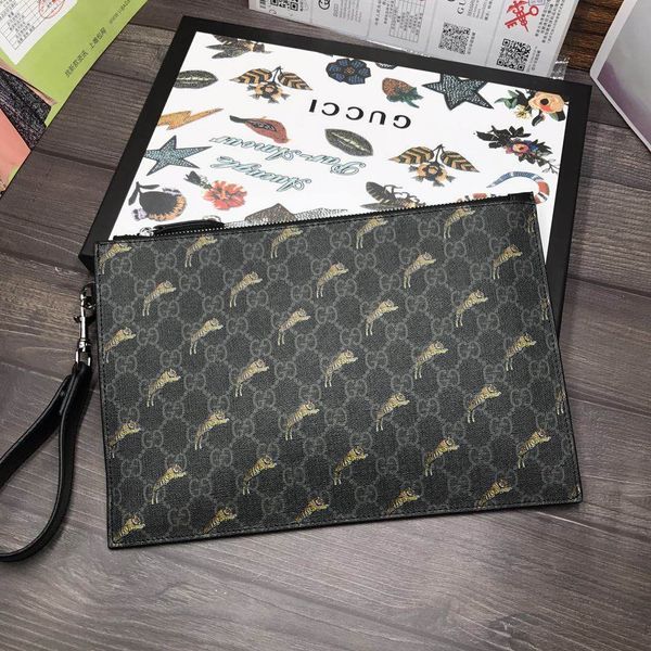 

2020 mens woman business fashion leather handbag zipper clutch bag simple tiger patternyunhui05, Black