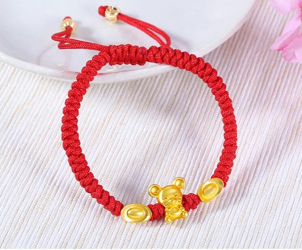 

real 24k yellow gold chain 3d year of the mouse ingots bracelet for women baby good luck loving mouse zodiac red rope, Golden;silver