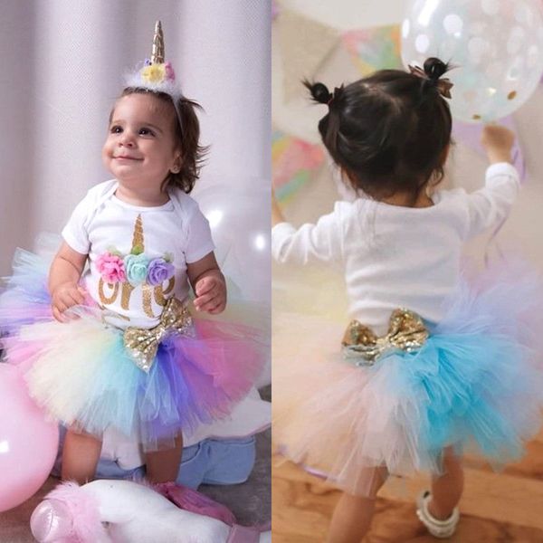 

pudcoco girl set 0-24m baby girl first 1st birthday unicorn romper tutu tulle dress skirt outfits, White