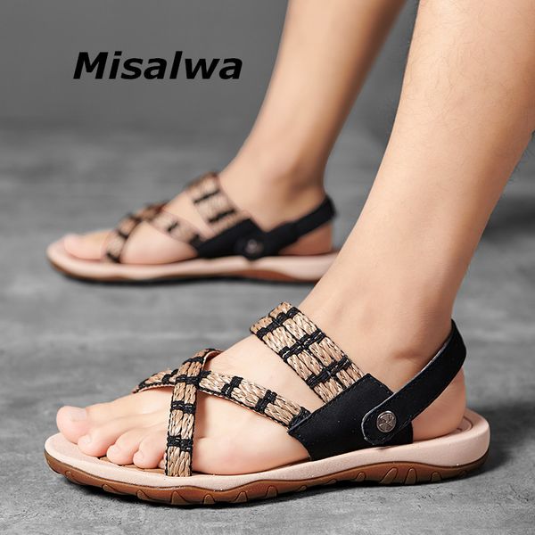 

misalwa open toe cane men summer sandals comfortable anti-slip leisure beach slippers casual outdoor shoes vintage style, Black
