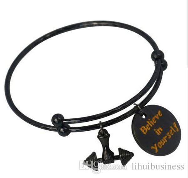 

6pcs new dumbbell monogram pendant stretch bracelets adjustable diy hand made sports argent bangles for women pulseira pulseras jewelry, Black