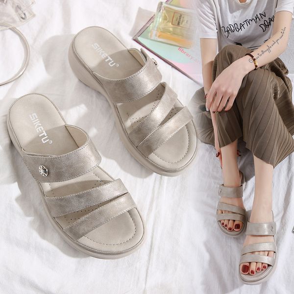 

low shoes ladies' slippers summer woman slipers women med slides rubber beach 2020 soft designer rome pu fabric, Black