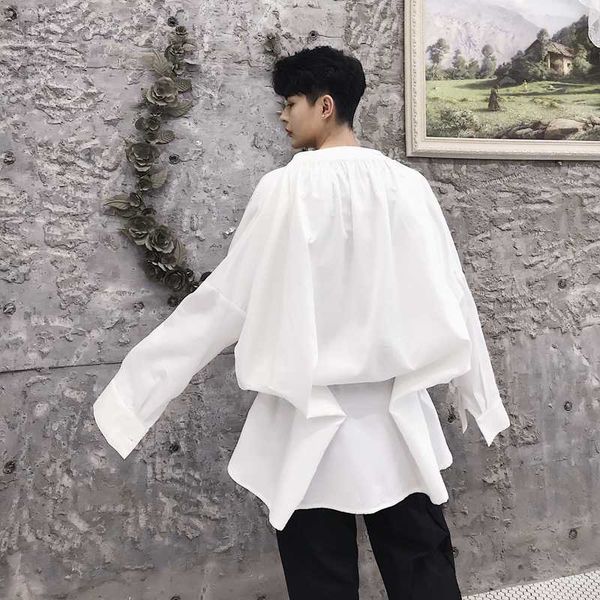 

mixcubic 2018 autumn college style simple unique wrinkled design shirts men long section casual loose white shirts, White;black