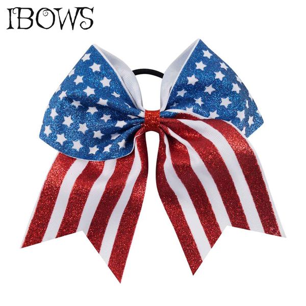 

7'' Print Glitter 4th Of July Cheer Bow With Elastic Hair Band For Kid Girl American Flag Hair Bow Cheerleading Hair Accessories