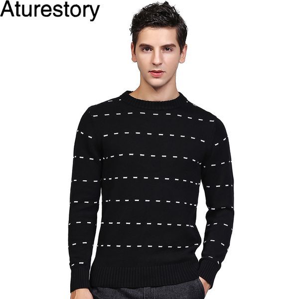 

aturestory autumn winter 100% cotton sweater men long warm striped pullover o-neck fashion knitted slim fit luxury sweaters, White;black