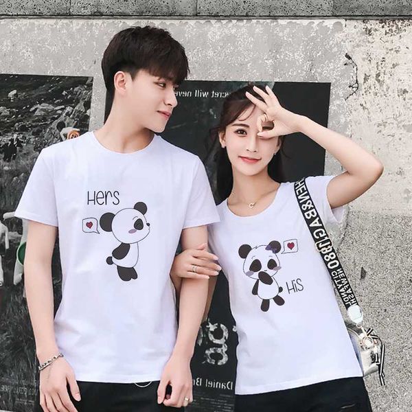 

ulzzang kawaii panada "koppel telefoon" print tees women&men mujer streetwear couple life t-shirt family fiancee matching, White