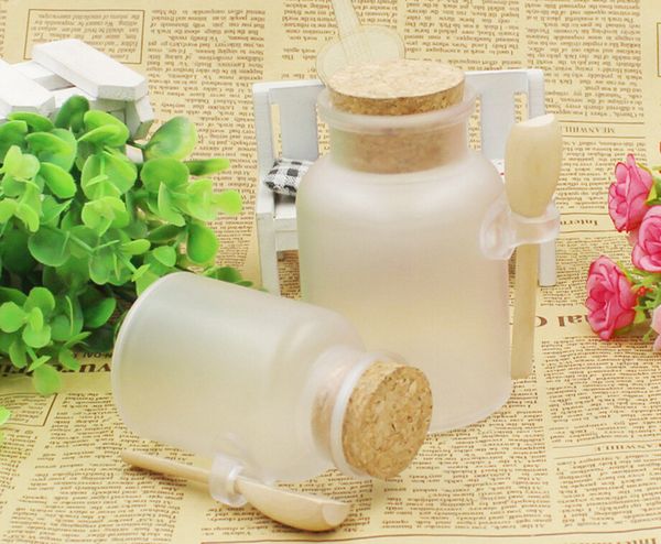 Garrafa de sal redondo do sal de banho de 200ml em pó rodada com frasco de cortiça com colher de madeira, garrafa de embalagem