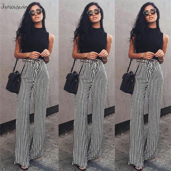 

palazzo брюки wide leg полосатый женщины кулиской сыпучие высокой талией брюки женские плюс размер длинные плоские штаны, Black;white