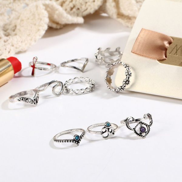 

10 pieces vintage women mid ring set bohemian rhinestone joint knuckle nail midi ring set stackable, Golden;silver