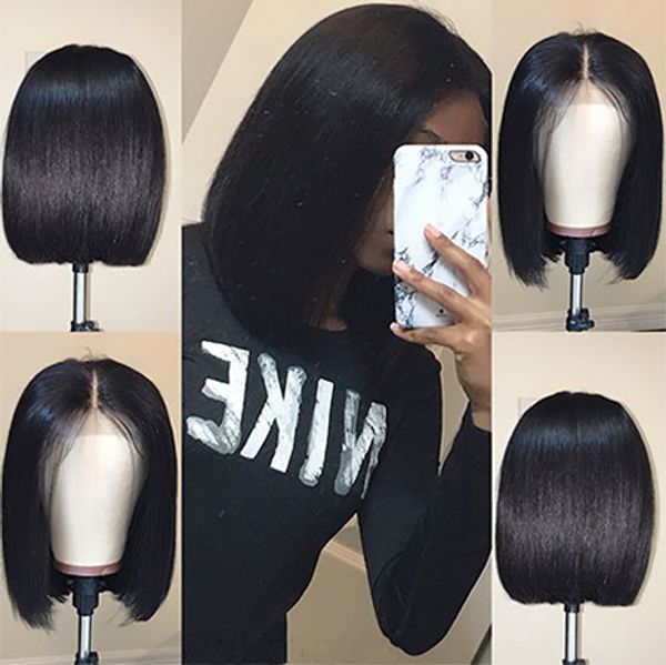 

new bob lace front human hair wigs with baby hair pre plucked brazilian remy hair natural hairline straight short bob wig for black women, Black;brown