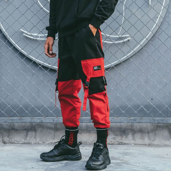 

patchwork cargo harem pant men 2018 hip hop pockets casual jogger trousers drawstring waist mens harajuku streetwear pants, Black