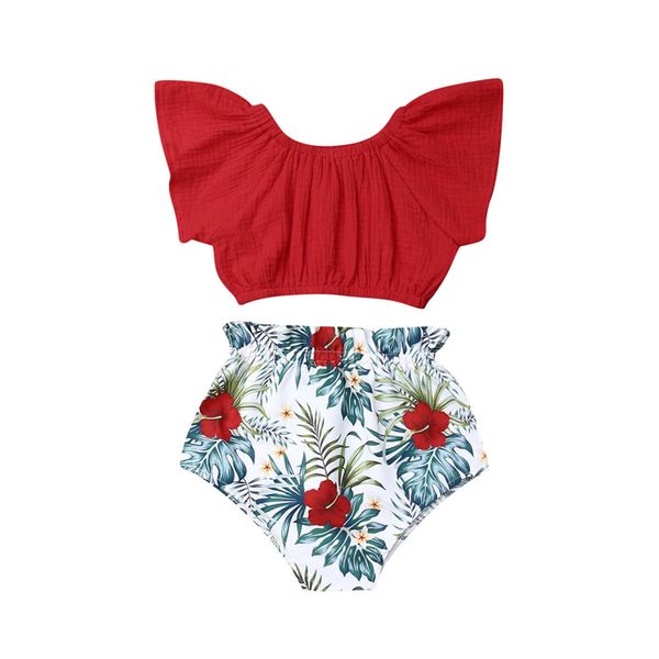 

summer clothes baby girl outfits 2pcs set cold shoulder tank crop ruffle t-shirt+brief shorts panties floral kids clothes, White