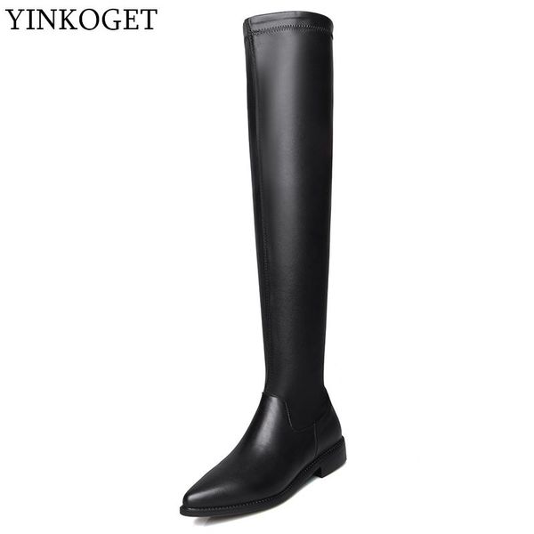 

yinkoget natural genuine leather girl fashion women boots thigh high boots autumn winter comfortable leisure, Black