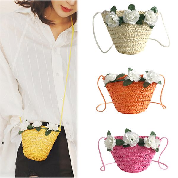 

women's fashion flower decorative bag woven bolso paja korean version children's bag messenger taschen women#30