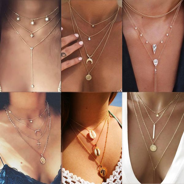 

famshin vintage multilayer crystal pendant necklace women gold color moon star horn crescent choker necklaces jewelry new, Silver