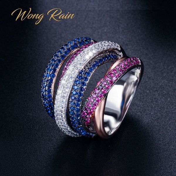 

wong rain luxury 100% 925 sterling silver ruby sapphire gemstone wedding engagement diamonds party ring fine jewelry wholesale, Golden;silver