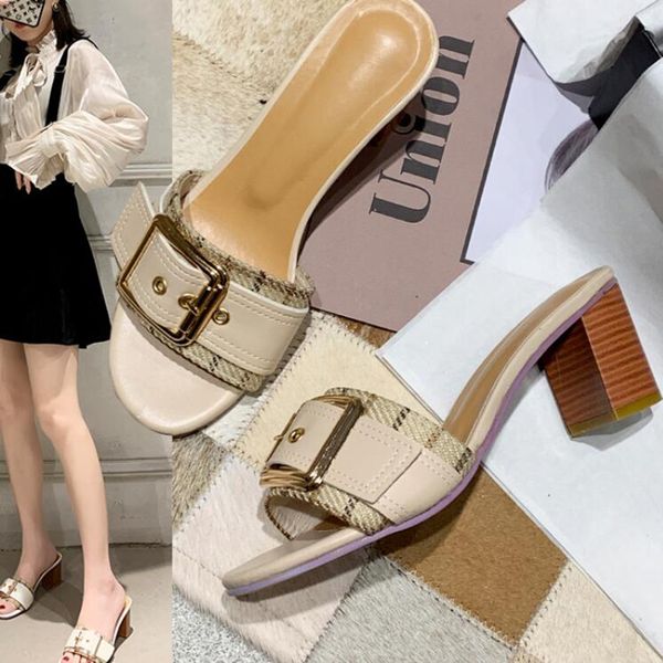 

slippers slides high heel slippers women shoes woman fashion outwear 2020 new summer belt buckle high heels fashion sandals d327, Black
