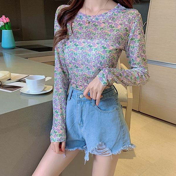 

2020 summer net red mesh thin female korean version of the long-sleeved ice silk floral long-sleeved t-shirt sunscreen clothing, White