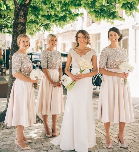 

blush short bridesmaid dresses 2020 new custom selling bling bling sequined maid of honor dress a-line tea length prom party gowns b32, White;pink