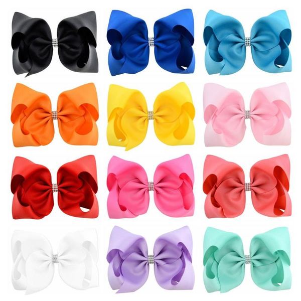 

8 inch 12pcs/lot kids colorful big hair bow with clip grosgrain ribbon bow with rhinestone hairpins accessories 837, Slivery;white