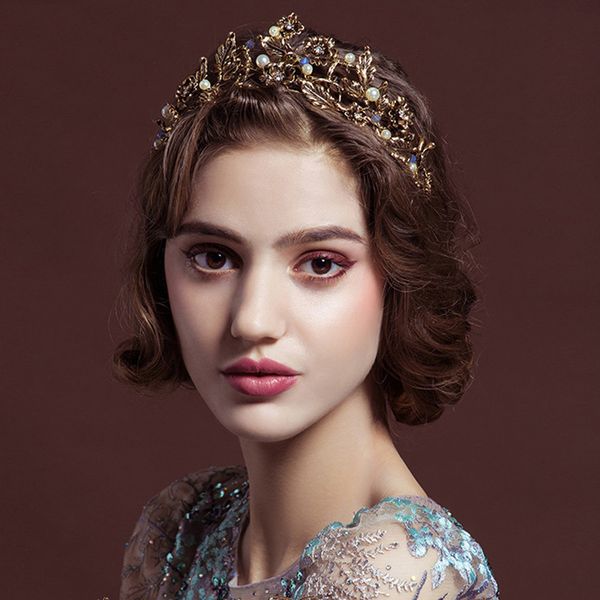 

vintage tiara headband baroque crown crystal pearl tiaras crowns hairband wedding hair tiaras jewelry bridal accessories, Golden;white