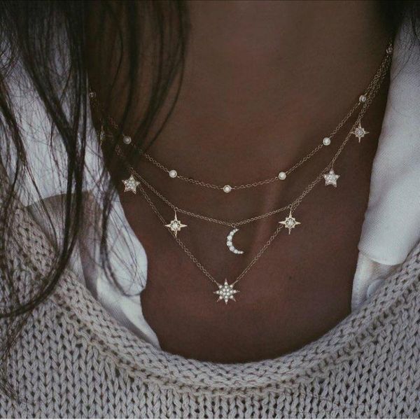 

bohemian necklace punk rhinestone moon pentagram multilayer necklace combination luxury designer jewelry for women wholesale, Silver
