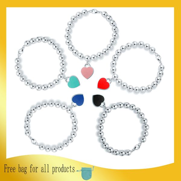 

new enamel heart 8mm bead bracelets bangles for women valentine gift original s925 sterling silver jewelry, Black