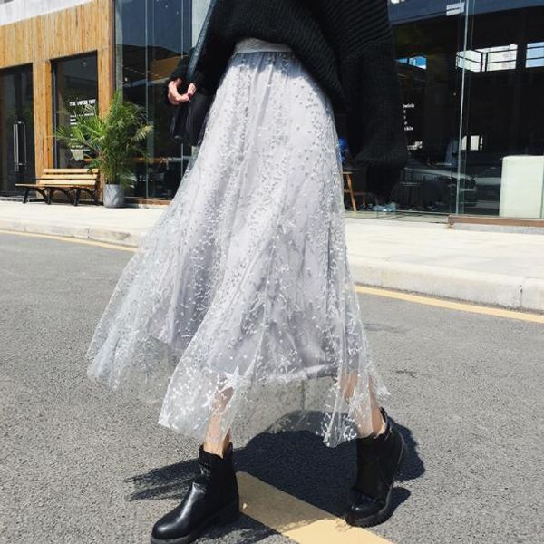 

women2020 spring summer layers embroidery long skirts elastic waist elegant mesh saia a line faldas female skirt bohemian dv684, Black