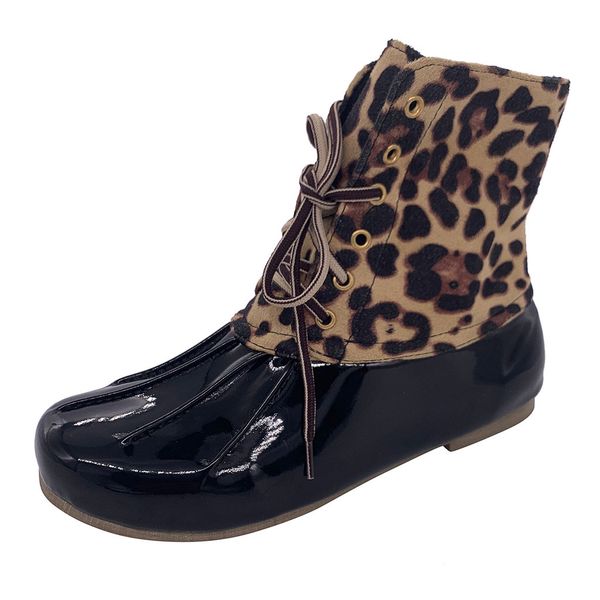 

women's boots 2019 fashion leopard rain boots footwear lady's lace-up autumn winter casual flat shoes large size, Black