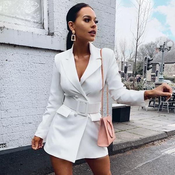 

women long sleeve turndown collar blazer pocket belt elegant suit jacket female autumn winter outwear blazer, White;black