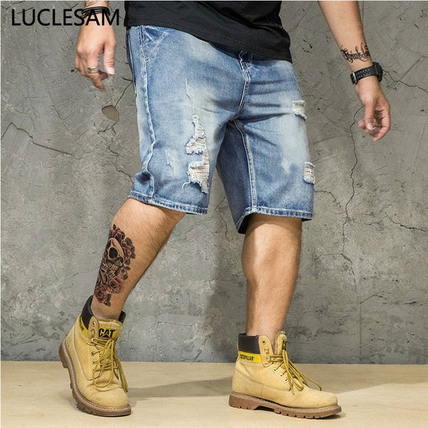 

men's jeans mens straight ripped denim shorts casual washed destroyed hole pants men elastic slim fit knee length short for blue