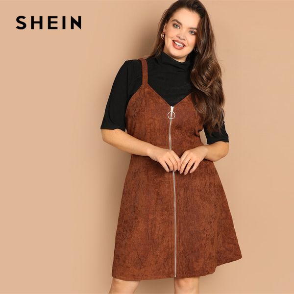 

shein plus size o-ring zip front corduroy pinafore fit and flare spaghetti strap dress 2019 new spring knee length dresses, Black;gray