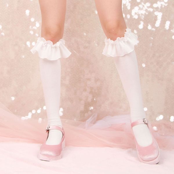

sweet cute lolita knee high stockings teen girls ruffle trim summer beautiful lovely cotton legs socks black & white, Black;red