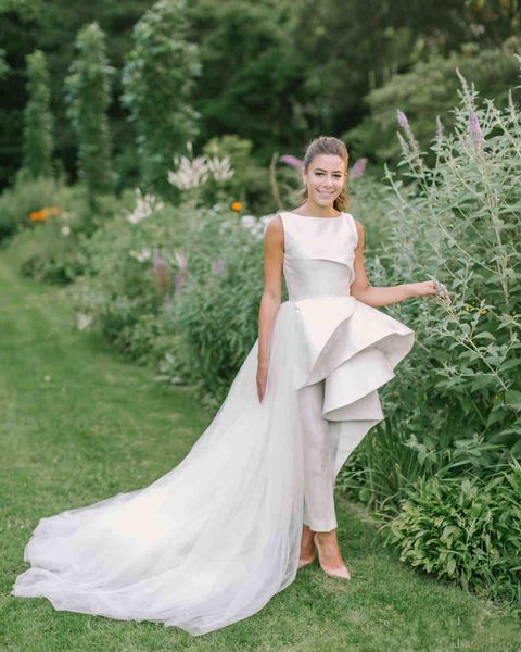 Kleider Bescheidene Overalls im Landhausstil mit abnehmbarer Schleppe Brautkleider Juwelenhals Satin Tüll Günstiges Hochzeitskleid