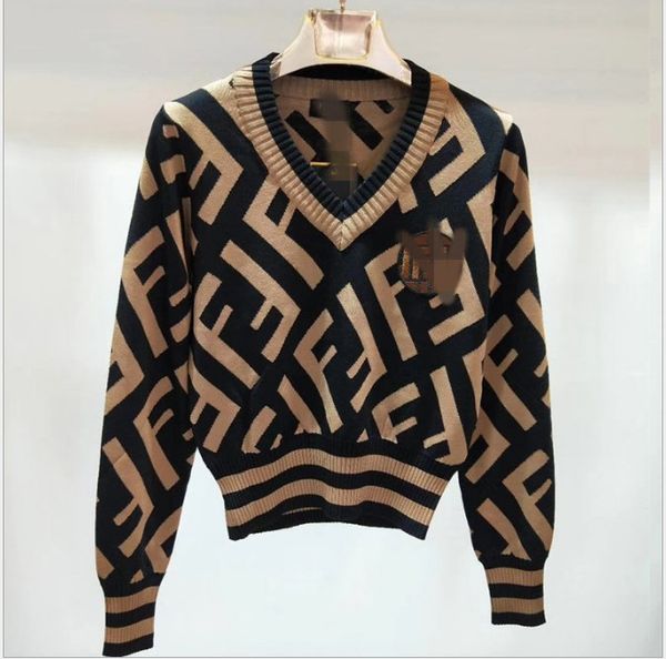 

early autumn double ff letter peach v-neck temperament long-sleeved sweater short ice silk thin section womens fashion, White;black