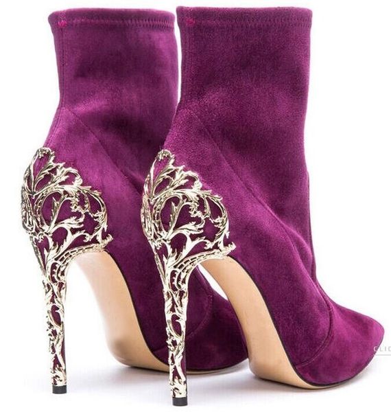 

designer brand women mid-calf boots gold heels boots hollow out metal heel pointed toe nice suede leather pumps, Black