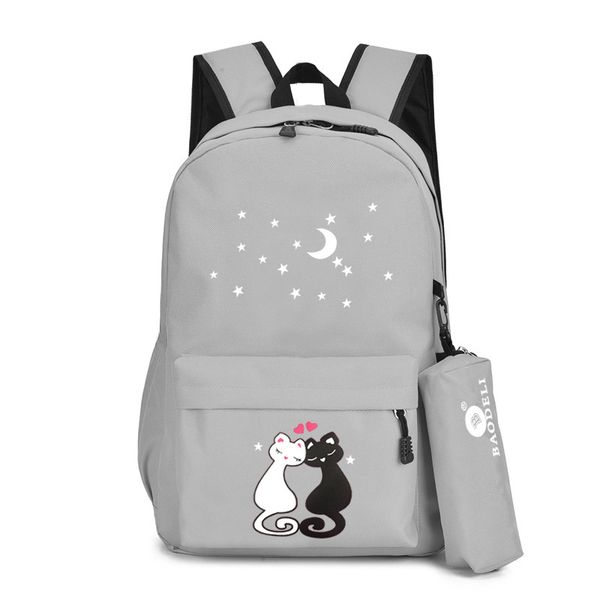 

designer-cute cats school backpack for girls with pen bag canvas bookbag moon stars decorated pink women bagback with zipper
