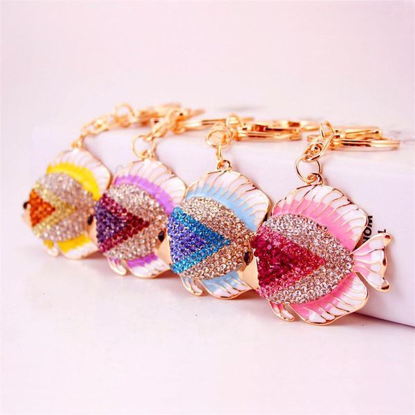 

colorful tropical fish keychain keyring new arrival metal pendant car key chains gold tone crystal rhinestone enamel alloy animal key ring, Slivery;golden