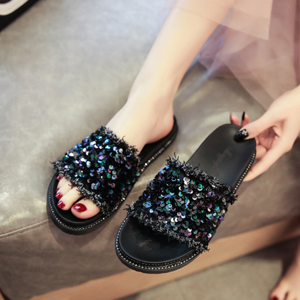 

slippers colorful sequins denim women fashion glitter muffins flip flops ladies sweet fringe sandalias zapatos de mujer, Black