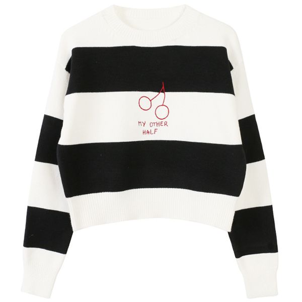 

2020 new fashion designer sweater striped printing round neck long sleeve knit women sweater pull femme pullover plus size s-l, White;black