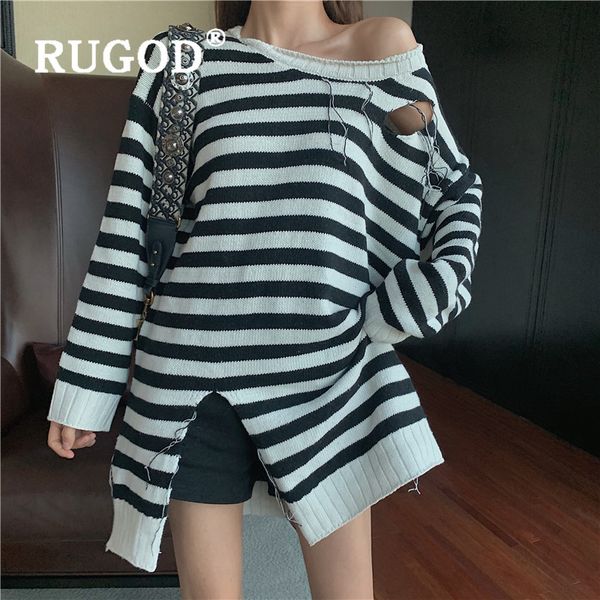 

rugod 2019 new autumn women's sweater o neck stripe hole tassel split knit pullovers fashion femme casual eleagnt loose pull, White;black