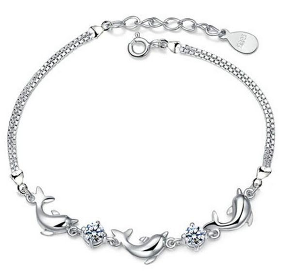 

16.5+4.5cm fashion dolphin crystal bracelets women jewelry 925 sterling silver plated charm link bracelet wholesale, Golden;silver