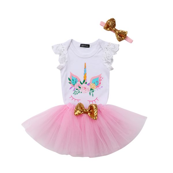 

dropshipping first birthday unicorn + tutu skirts outfit lace bodysuit mini skirts headband 3pcs baby girls clothes set, Pink;blue