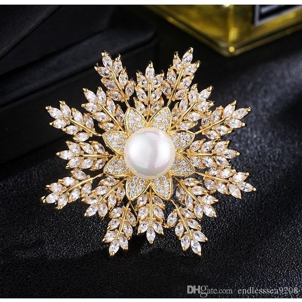 

fashion women big pearl brooches flower crystal rhinestone snowflake brooch pins gold silver corsage for lady gift designer jewelry, Gray
