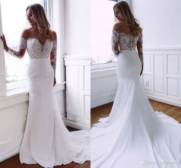 Neue Ärmel lange Meerjungfrau Brautkleider elegant von Schulteranlagen Satin Brautkleider abgedeckt Button Back Vestidos de Novia