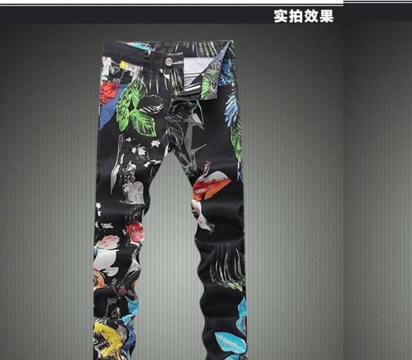 

wholesale-winter floral printed mens jeans black biker jeans 2016 new designer denim overalls men brand clothing, Blue