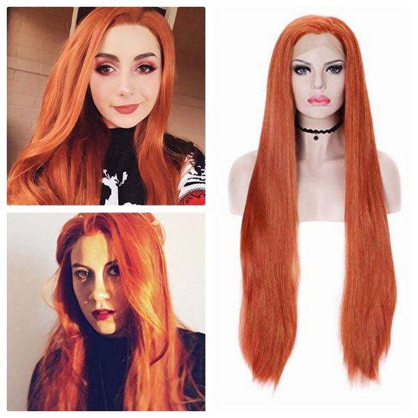 New Copper Red Lace Front Wigs Long Silk Straight Synthetic Hair