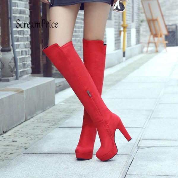 

faux suede knee high boots fashion zipper chunky high heel winter warm women boots red black wine red
