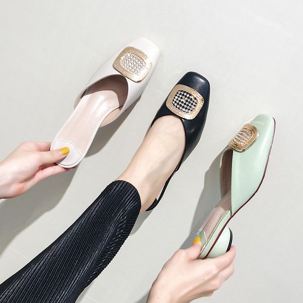 

loafers slippers casual shoes woman 2020 med square toe slipers women summer soft new flat block fabric basic pvc slides, Black